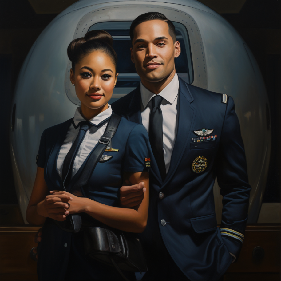 very attractive man and woman wearing well-fitted airline uniforms with hair gelled back out of their faces