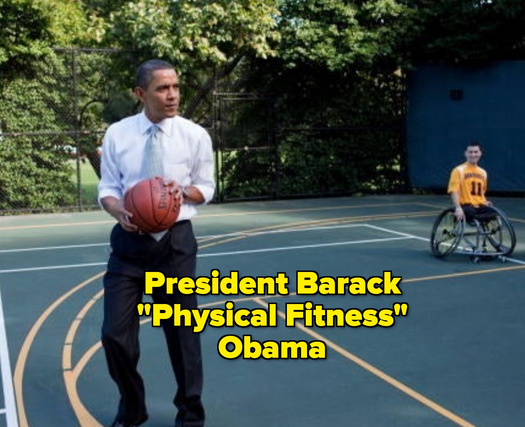 President Obama on a basketball court holding the ball with the caption President Barack &quot;Physical Fitness&quot; Obama