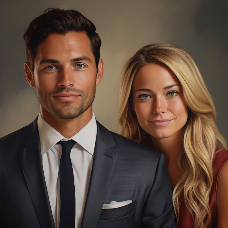 dark haired man with a suit and tie and blonde woman