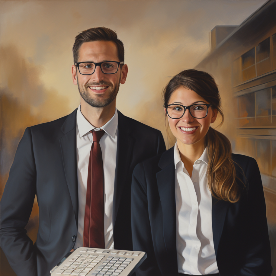 man and woman wearing suits and glasses, smiling with straight teeth