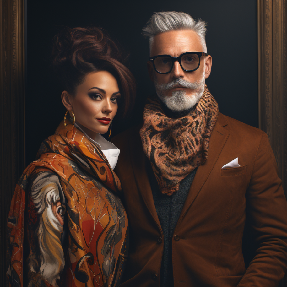 very fancy looking man and woman wearing tailored, well constructed clothes, the man wearing darker glasses with beard, mustache, and hair all white and the woman with full brunette hair piled high on her head and full makeup