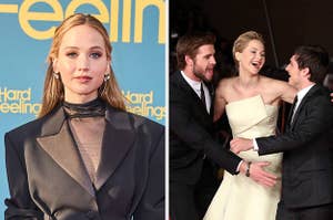 Jennifer Lawrence in 2023 and Jennifer Lawrence, Josh Hutcherson, and Liam Hemsworth in 2013