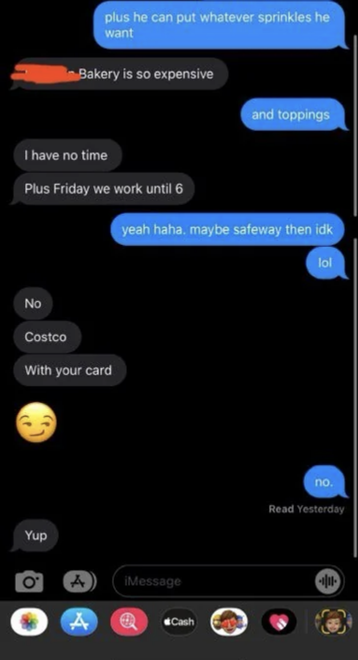 The coworker says they have no time, so the Costco member suggests Safeway, and the coworker says &quot;No, Costco with your card,&quot; the Costco member says &quot;No,&quot; and the coworker says &quot;yep&quot;