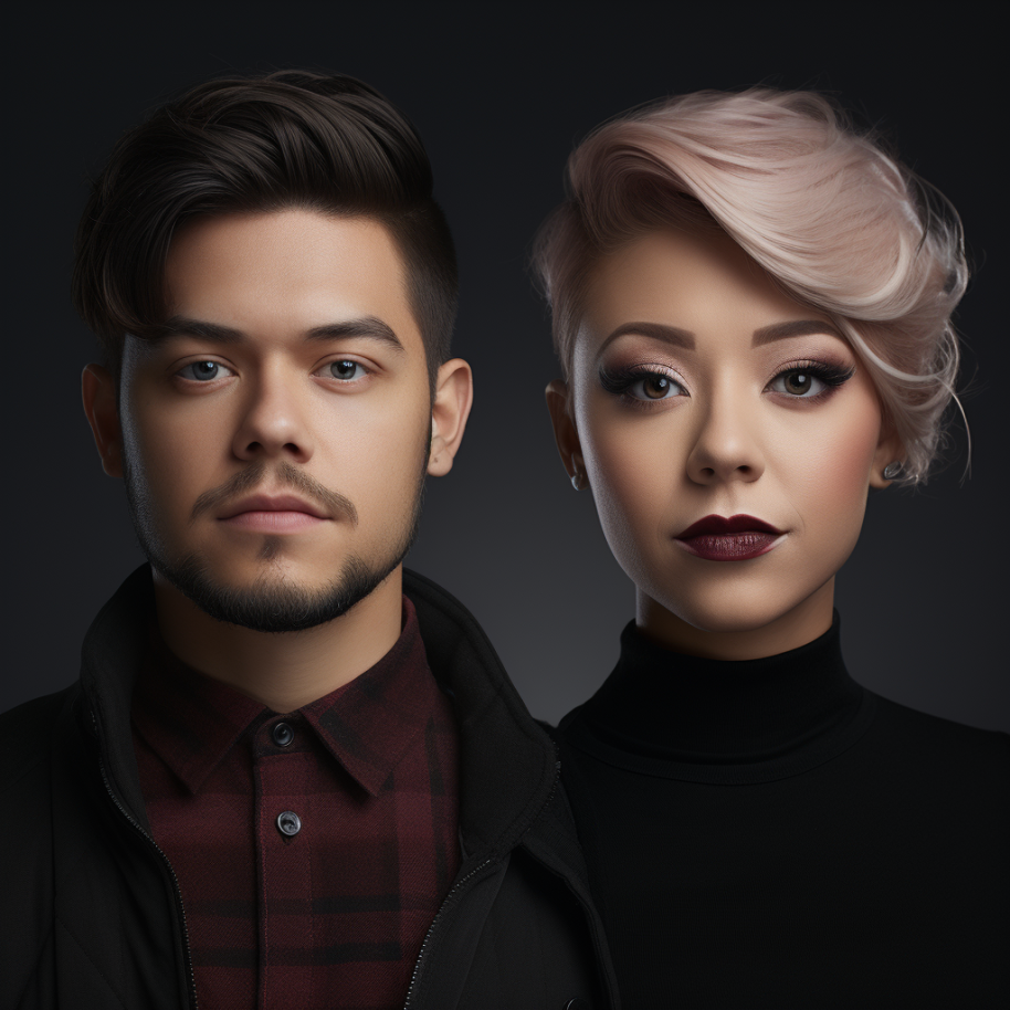 man with hair parted to the side and woman with short hair swept to the side wearing a turtle neck and darker makeup