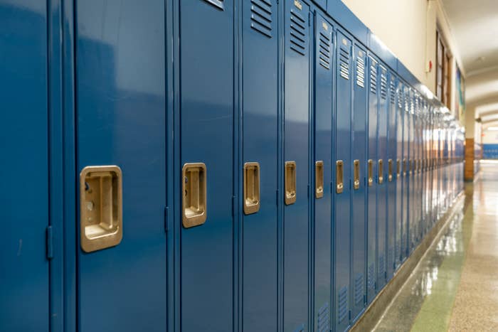 Photo of a blue metal lockers along a nondescript hallway in a typical US High School