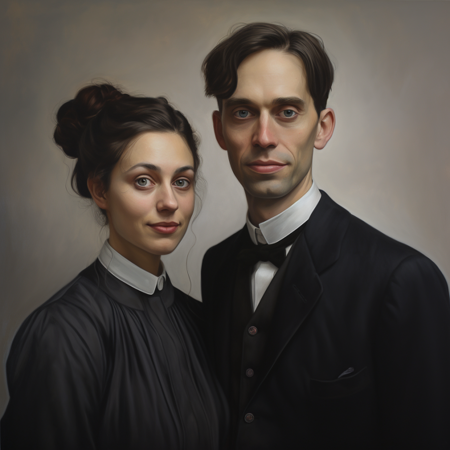 pale set of man and woman wearing dark clothes, the man has his hair parted on the side and the woman has a messy bun