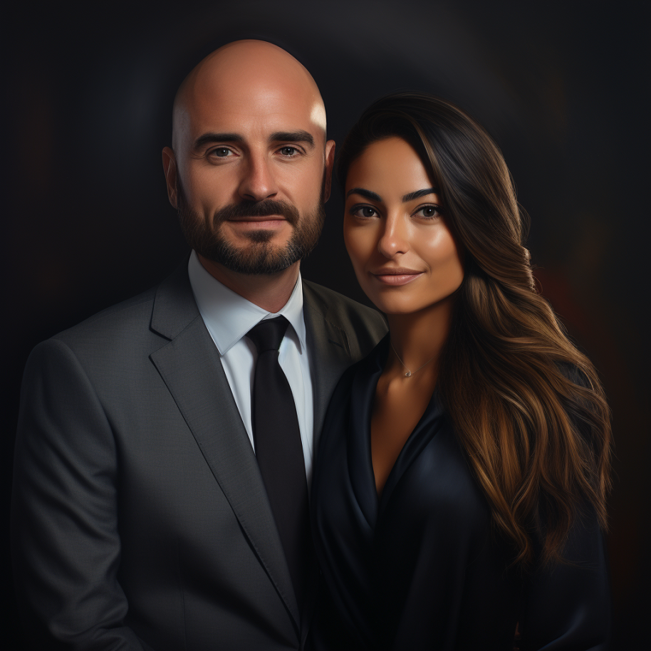 bald man with facial hair wearing a suit and tie and woman with long brunette hair wearing a blazer