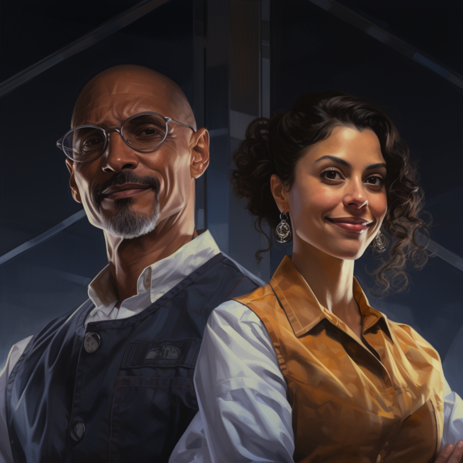 older bald gentleman with facial hair and glasses wearing a vest and a woman wearing the same thing with curly hair pulled back