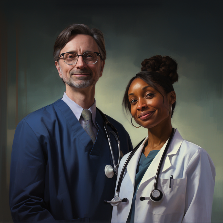 older white man with a tie and glasses and a shorter black woman with her hair up and stethoscope around her neck