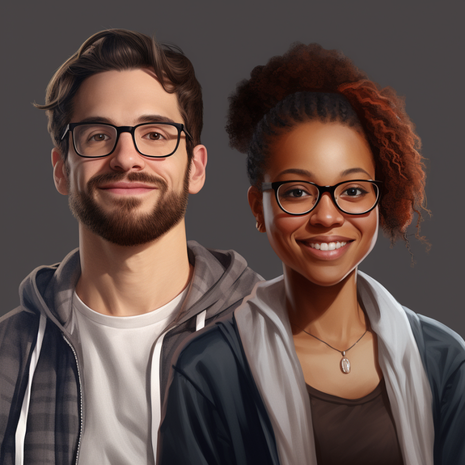 white man and black woman wearing sweaters and tees and glasses
