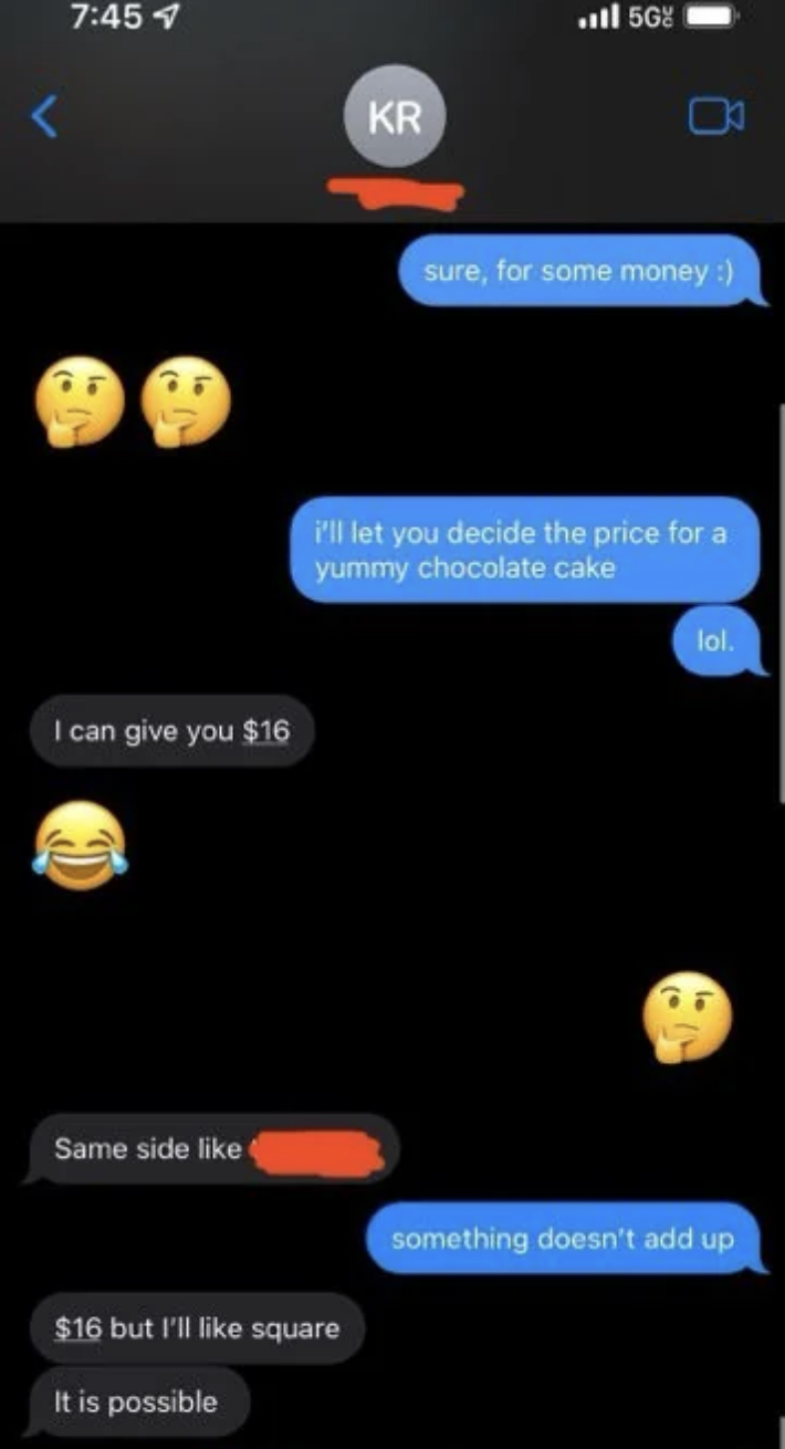 A coworker asks a Costco member to use their card to get a cake and says they will pay $16
