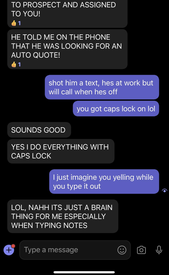 The coworker sends several texts in all caps, then says &quot;it&#x27;s just a brain thing for me especially when typing notes&quot;