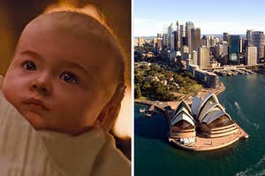 On the left, baby Renesmee from Twilight, and on the right, Sydney Harbor