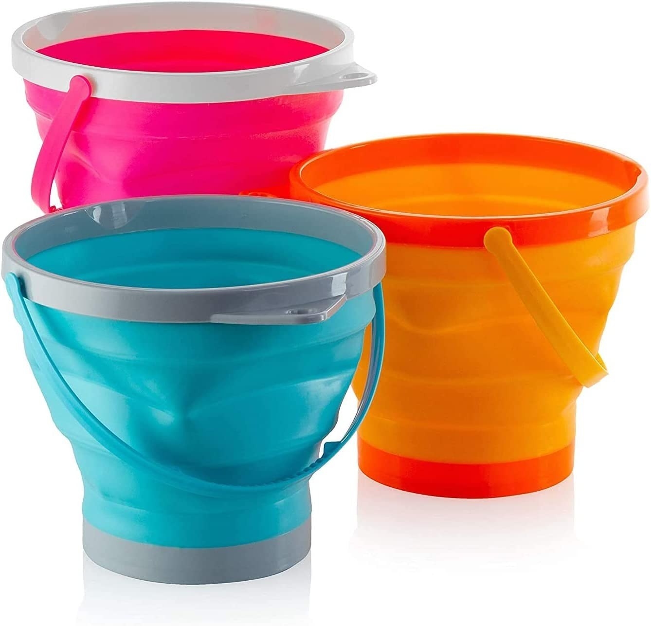 pink, blue, and orange collapsible buckets