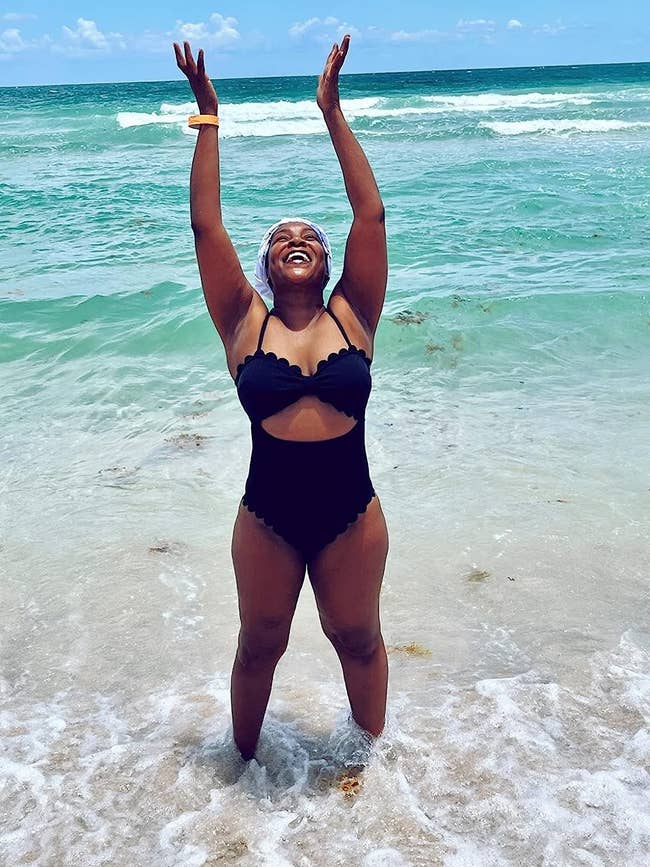 A reviewer successful the achromatic cutout swimsuit