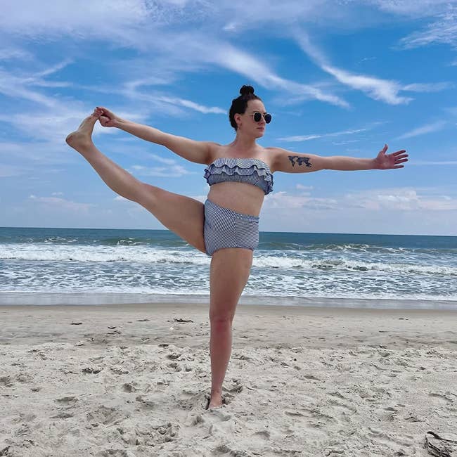 A reviewer successful the striped strapless bikini