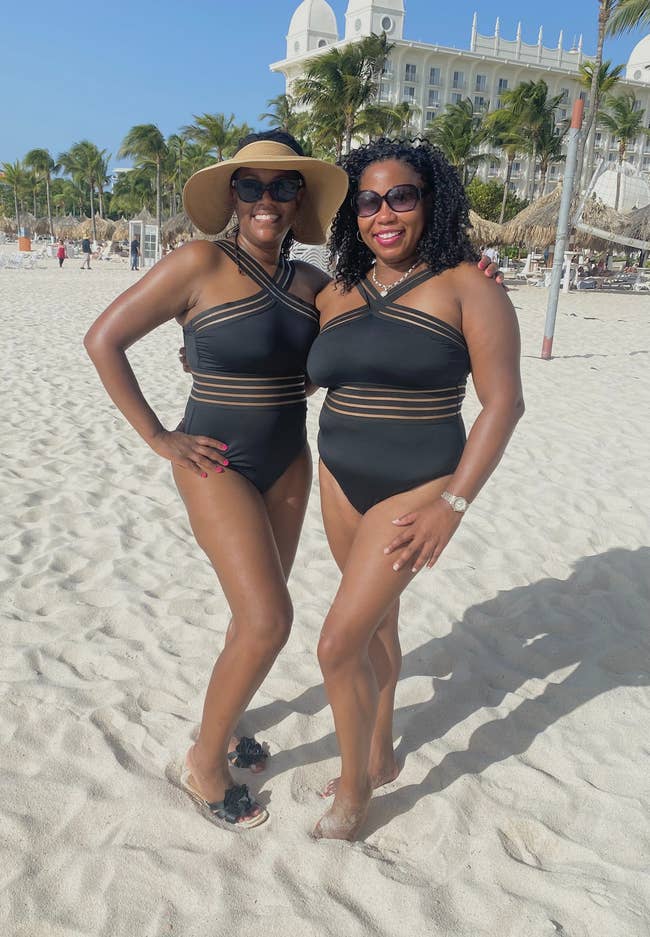 A reviewer and a person wearing the achromatic bathing suit