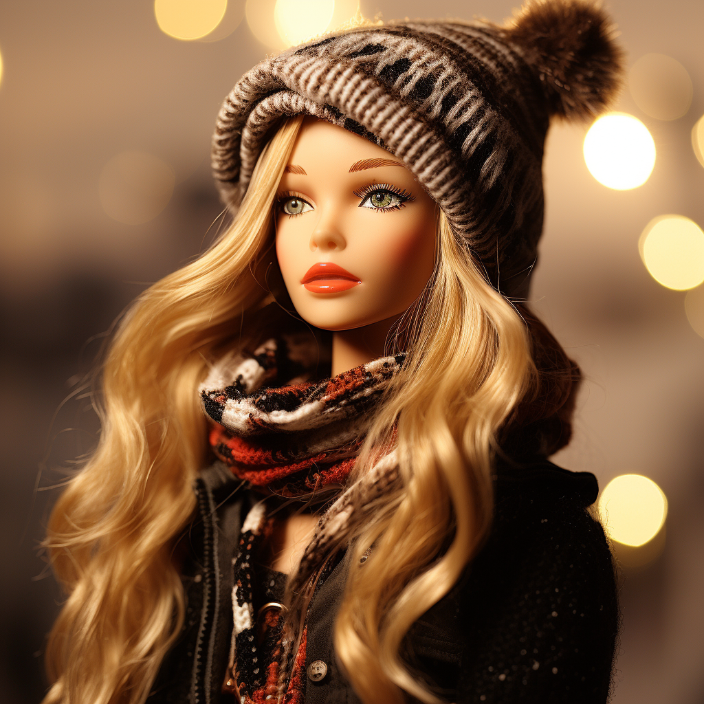 A Barbie wearing a beanie, scarf, and jacket