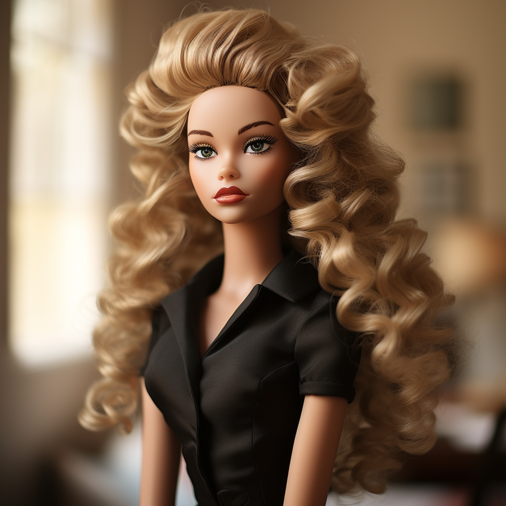 A Barbie with very curly hair wearing a short sleeved button-down shirt