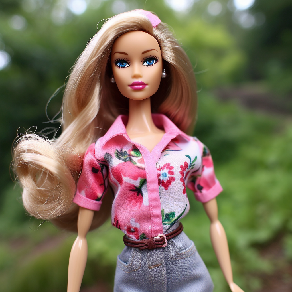 A Barbie wearing a floral shirt, jeans, and a belt