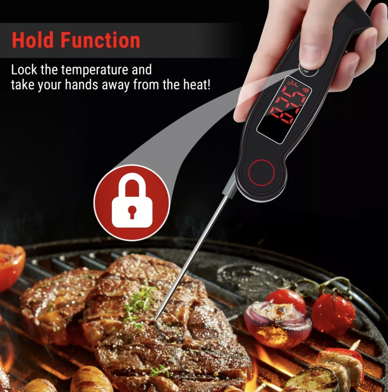 steak on grill with thermometer in it
