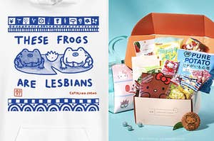 These Frogs Are Lesbians artwork; Hello Kitty snack box