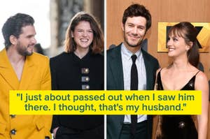 kit harrington and rosie leslie and adam brody and leighton meester caption reads I just about passed out when I saw him there I thought, that's my husband