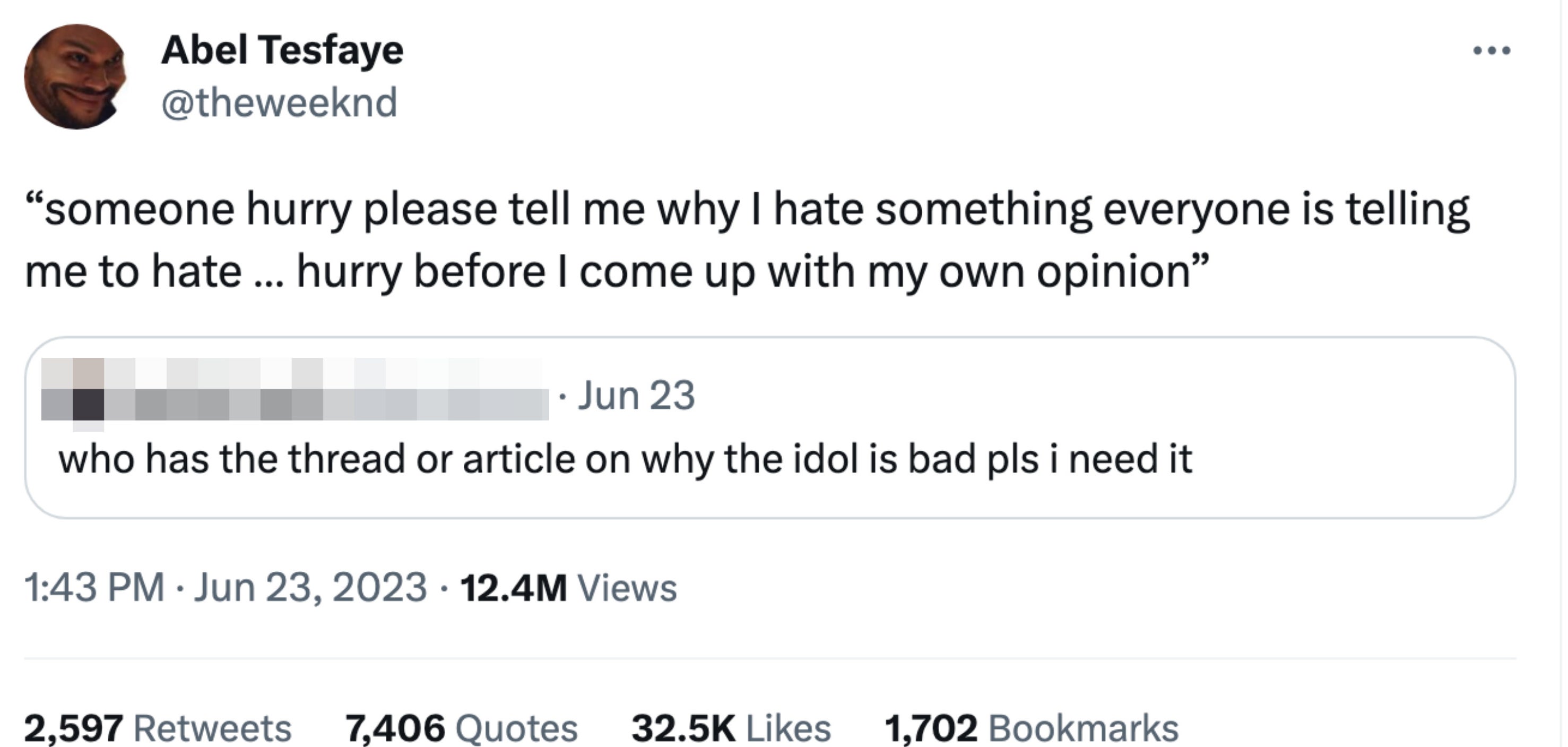 Comment: &quot;who has the thread or article on why the idol is bad pls i need it&quot; and he responds, &quot;someone hurry please tell me why I hate something everyone is telling me to hate — hurry before I come up with my own opinion&quot;