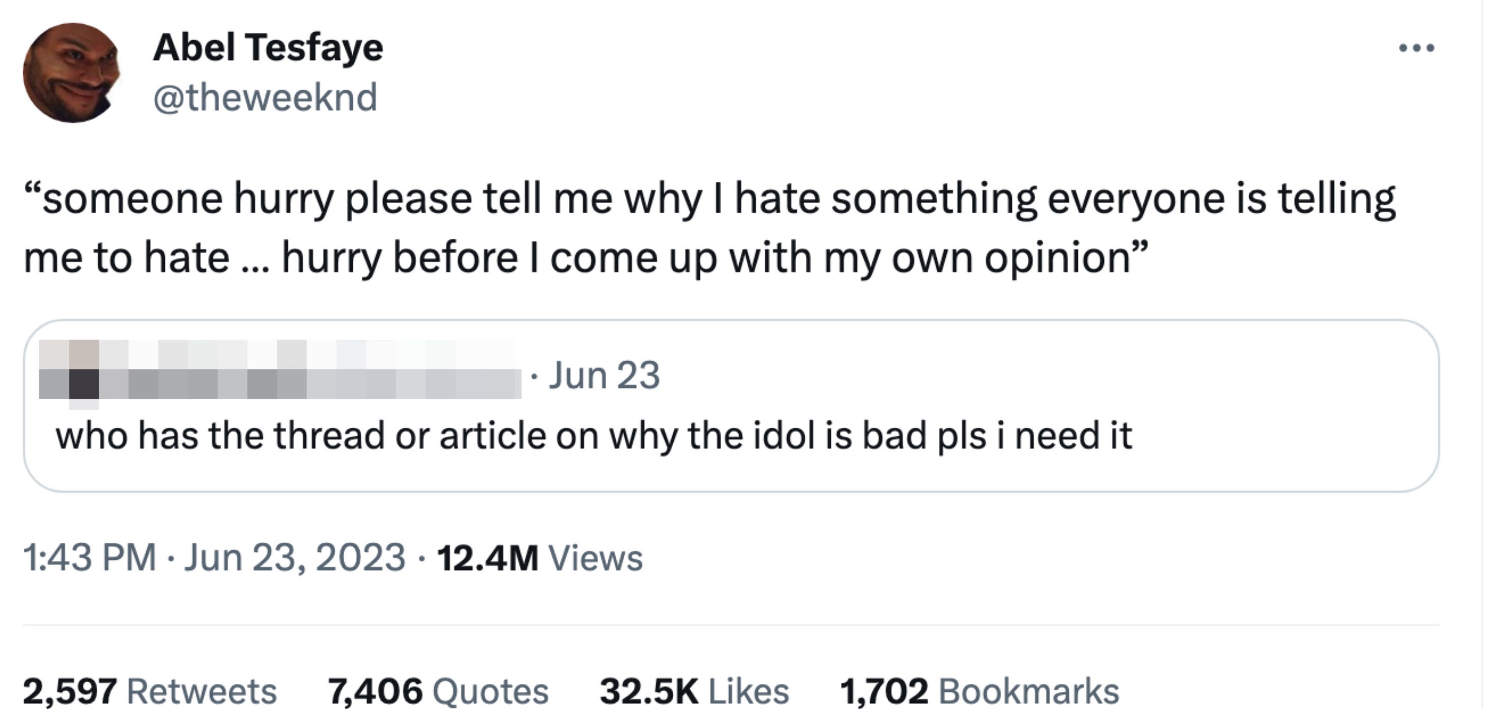 Comment: "who has the thread or article on why the idol is bad pls i need it" and he responds, "someone hurry please tell me why I hate something everyone is telling me to hate — hurry before I come up with my own opinion"