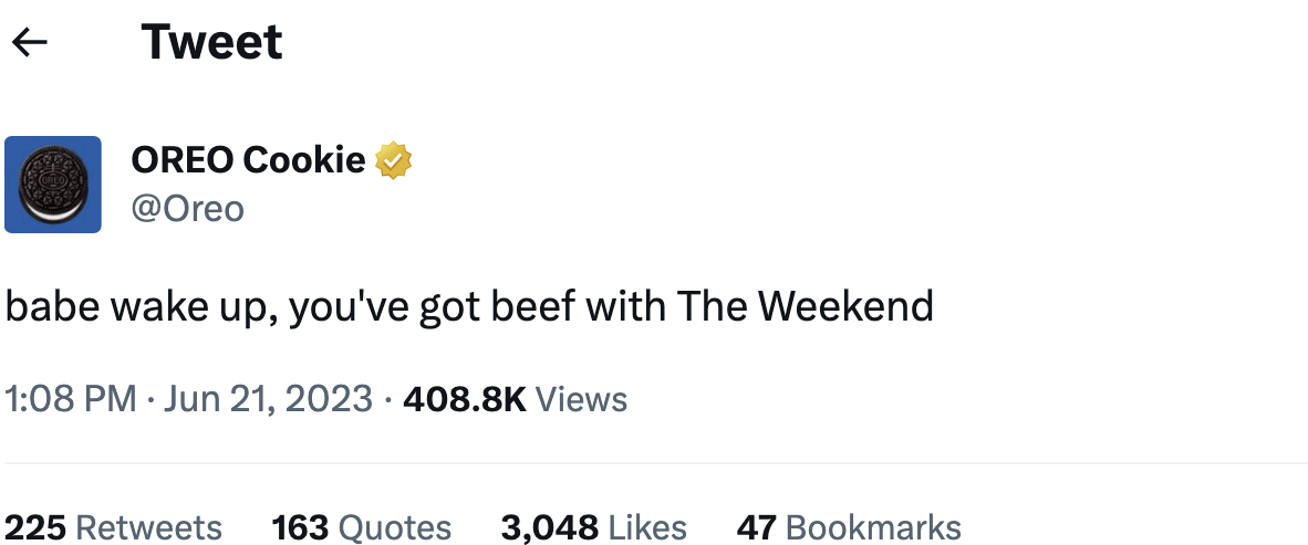 The comment said &quot;babe wake up, you&#x27;ve got beef with The Weekend [sic]&quot;