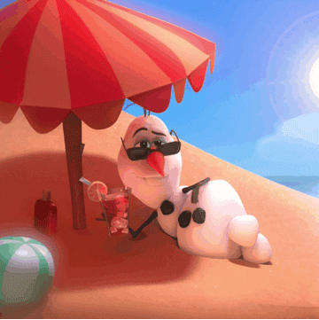 Olaf lounging on beach under umbrella in summer sun