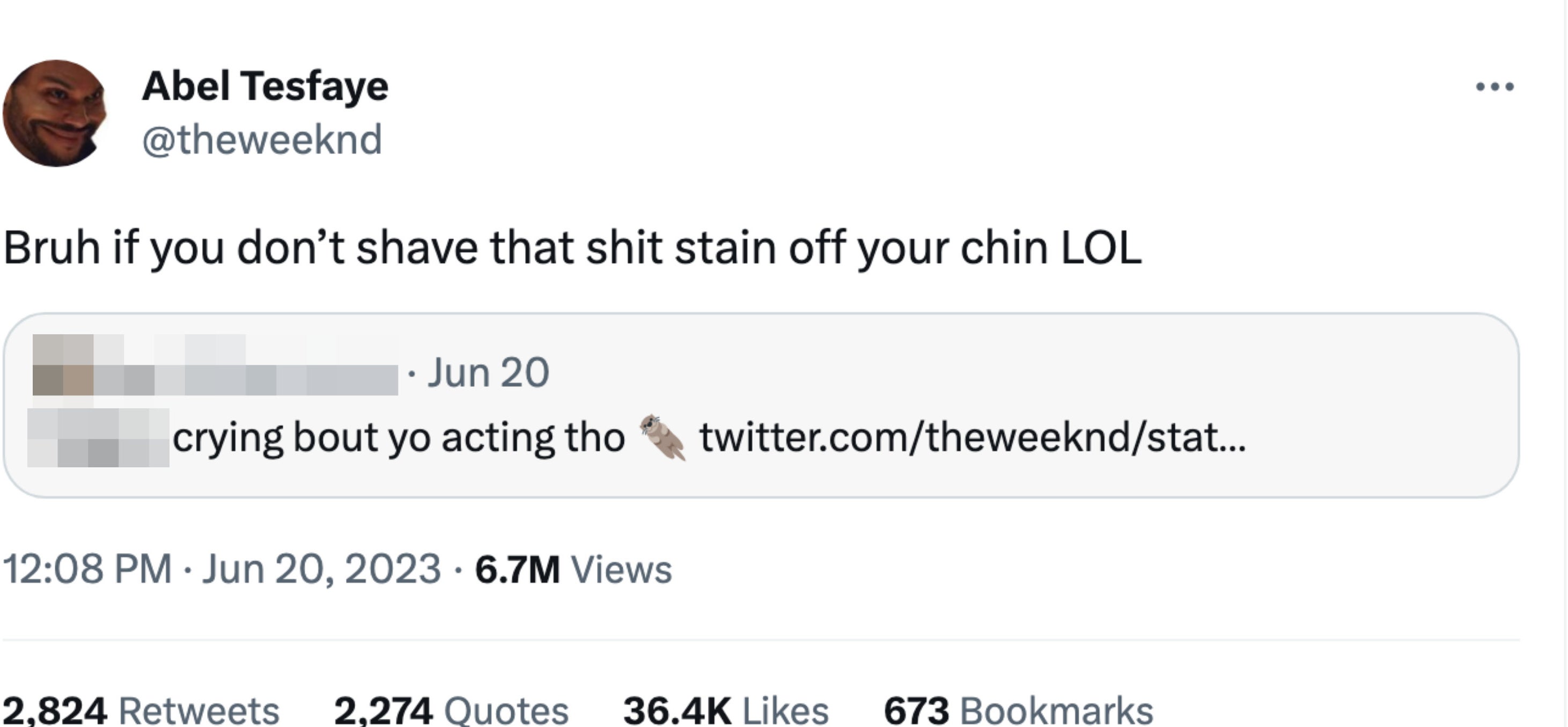 Comment: "crying bout yo acting tho" and he responds, "Bruh if you don't shave that shit stain off your chin LOL"