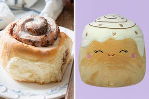 On the left, a cinnamon roll, and on the right, Chanel the Cinnamon Roll Squishmallow