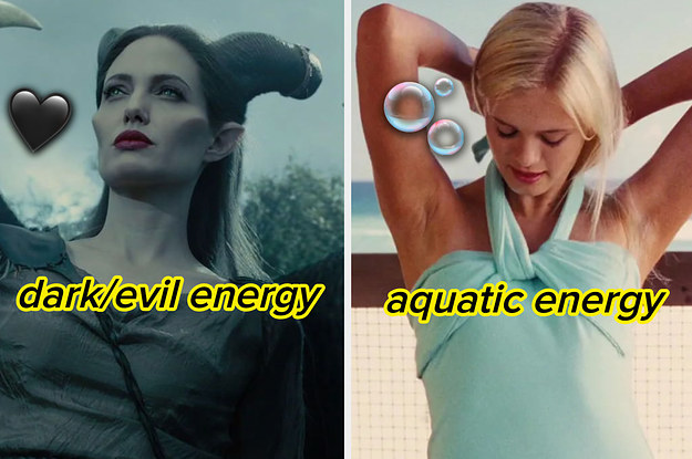 maleficent on the left with the text dark evil energy and aquamarine on the right with the text aquatic energy