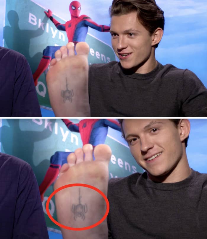 Closeup of Tom Holland&#x27;s spider tattoo on his foot