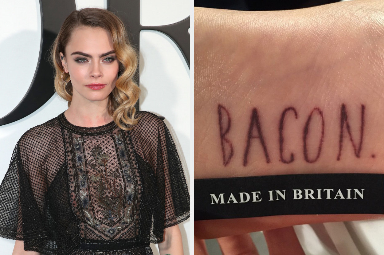 side-by-side of Cara Delevingne and her &quot;Bacon&quot; tattoo