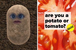 a potato tiktok filter on the left and a closeup of a tomato on the right