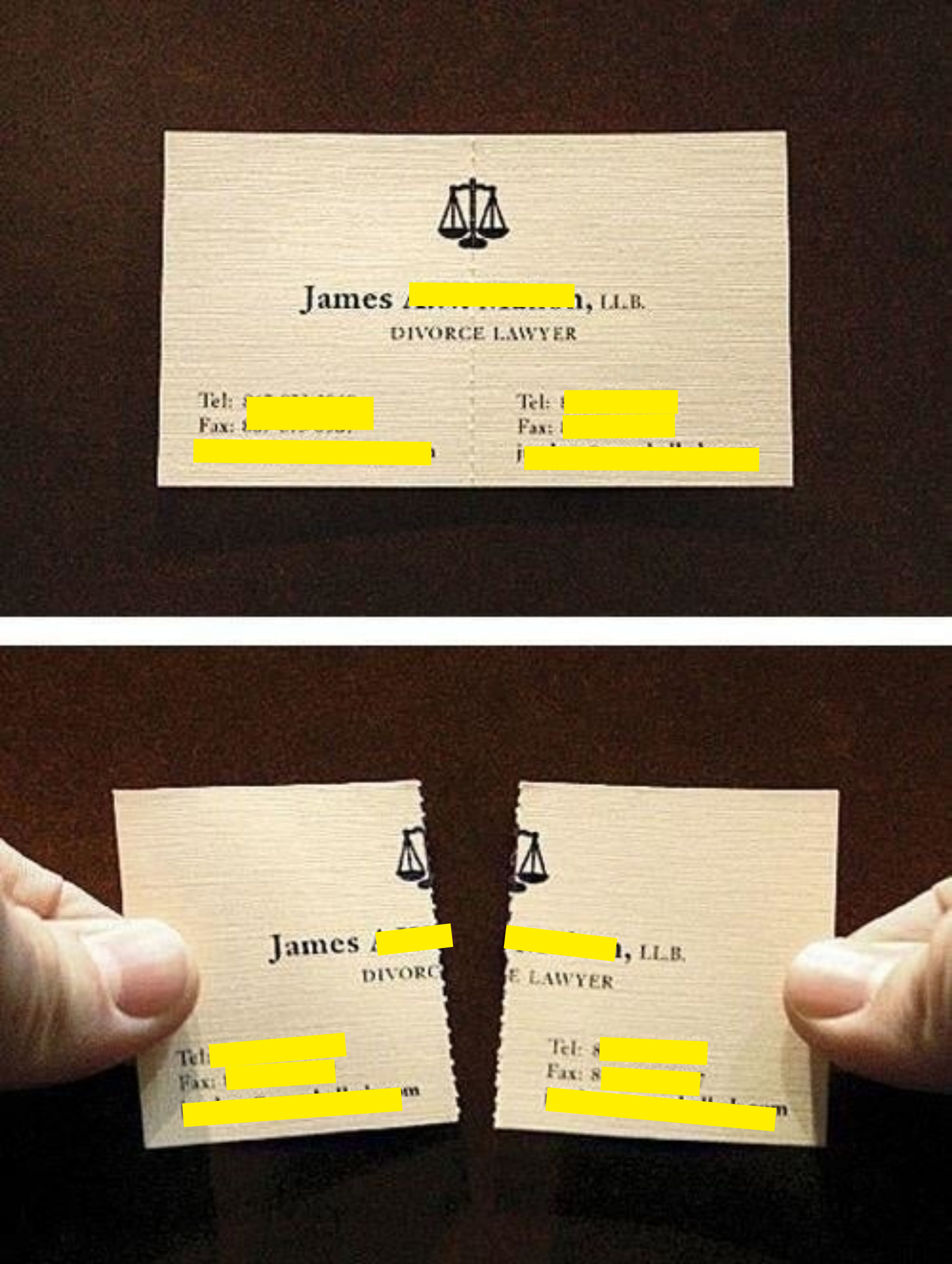 A divorce lawyer business card that tears into two parts