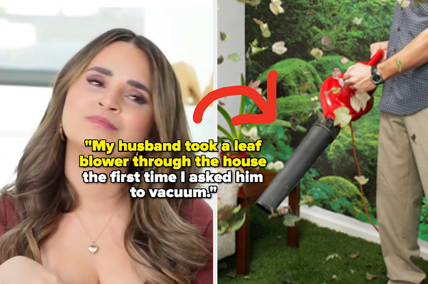 a man with a leafblower with the text my husband took a leaf blower through the house the first time i asked him to vacuum