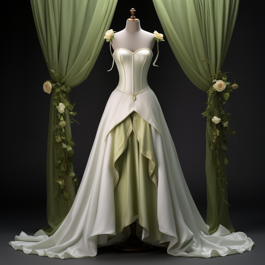 strapless with flower detailing to add to the shoulders with a long skirt that&#x27;s curtained in the middle