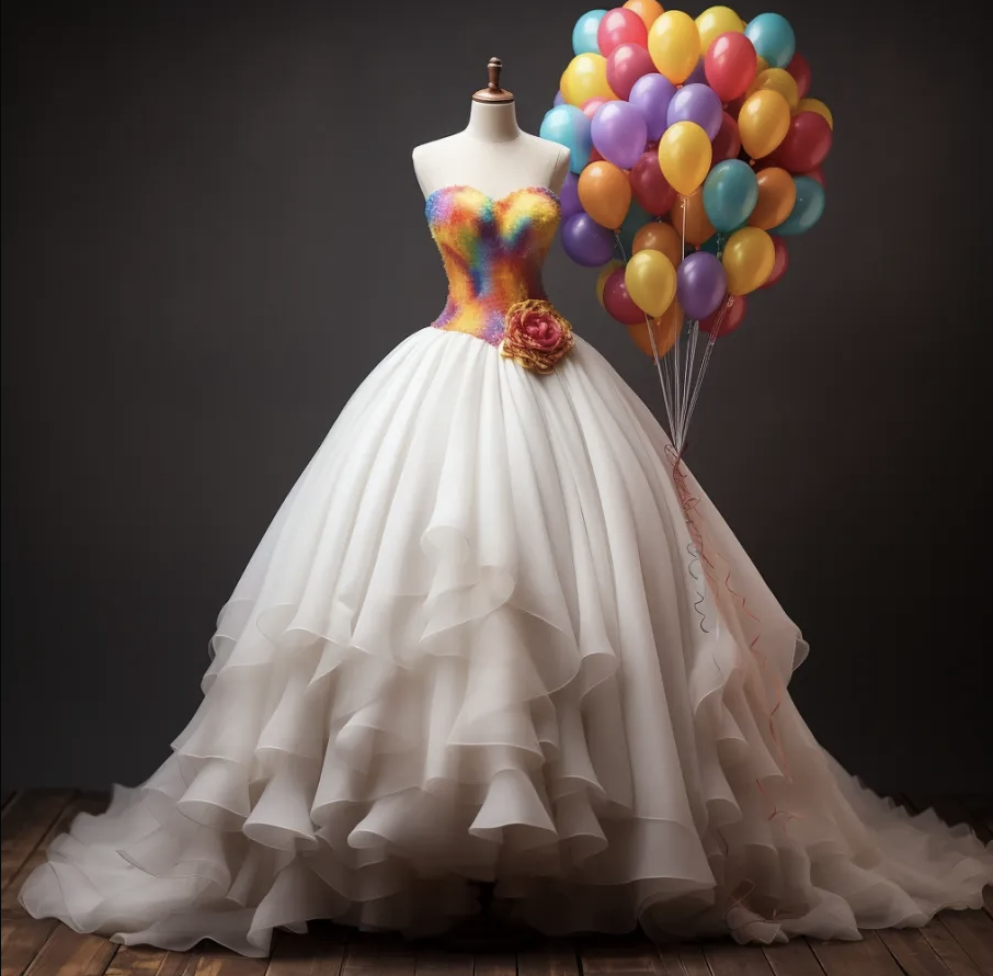 colorful strapless corset top with layered tulle dress and a large bunch of small balloons pinned to the back