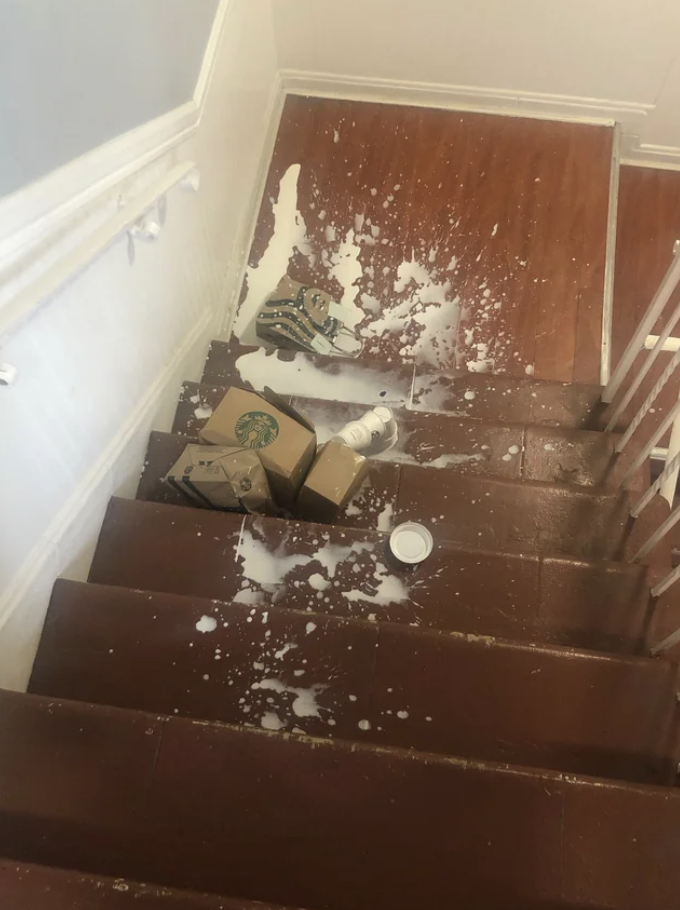 starbucks drinks spilled on the stairs