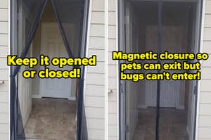 reviewer photo of mesh curtains opened and closed with text on image: "keep it opened or closed! magnetic closure so pets can exit but bugs can't enter"