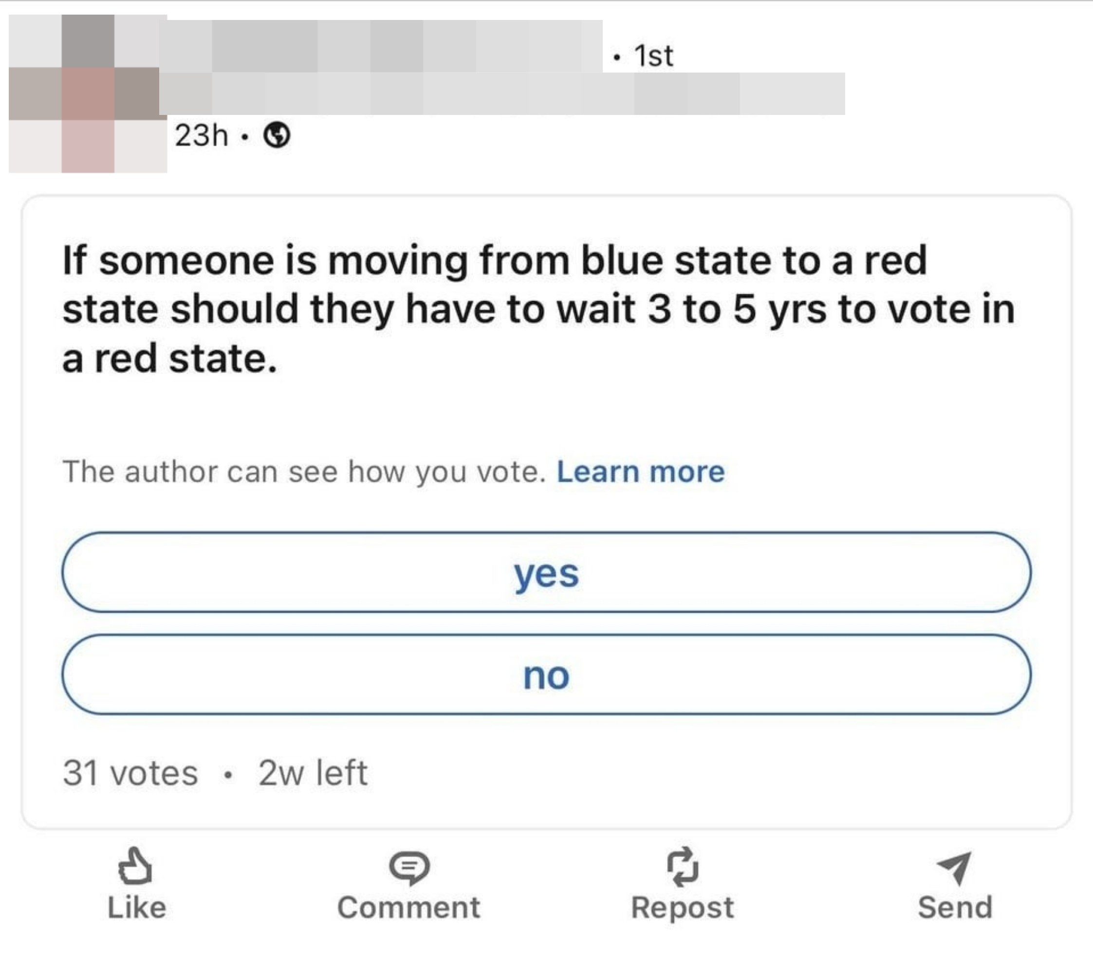 A poll saying people moving to red states from blue should wait years to vote