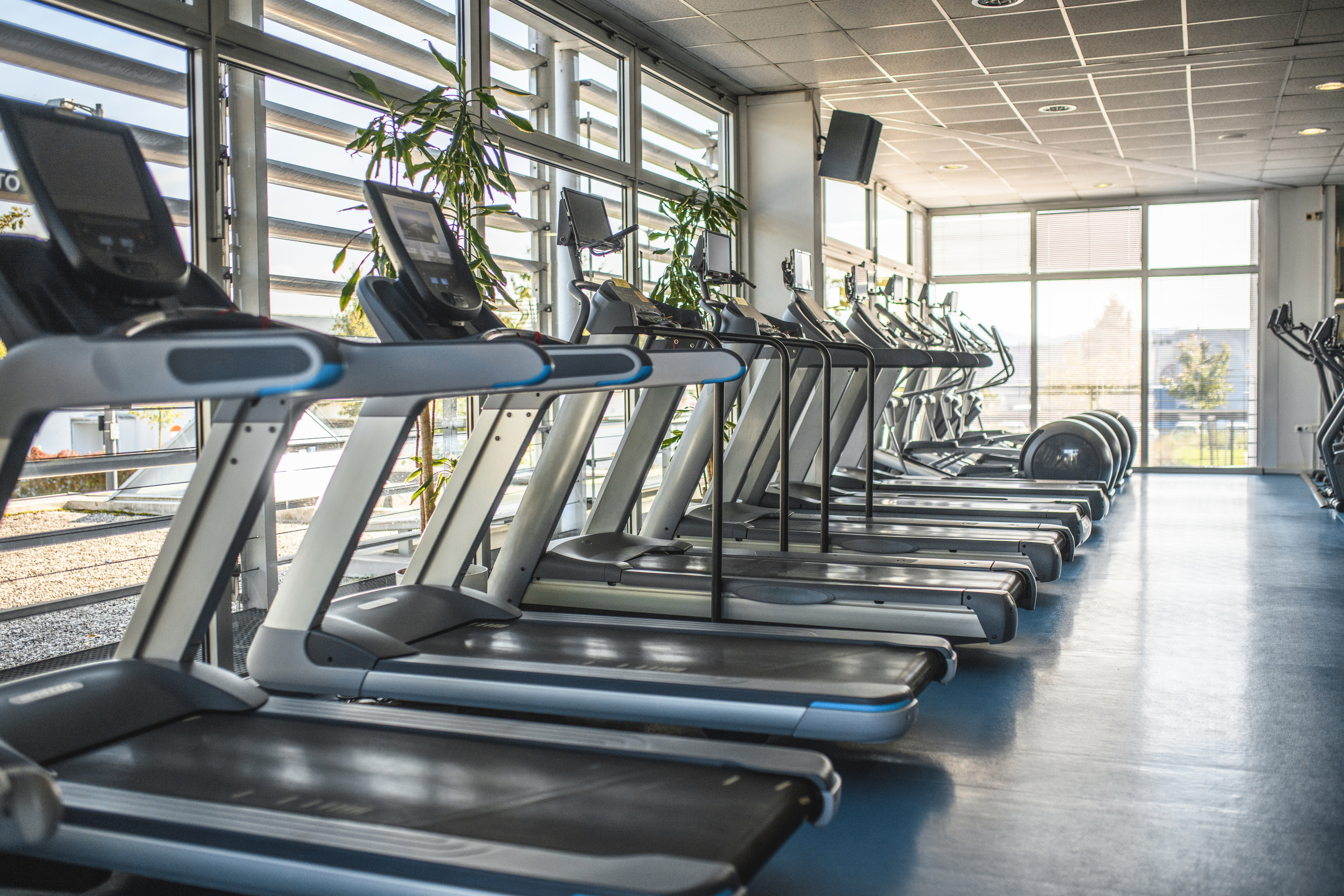 A bunch of treadmills in a gym