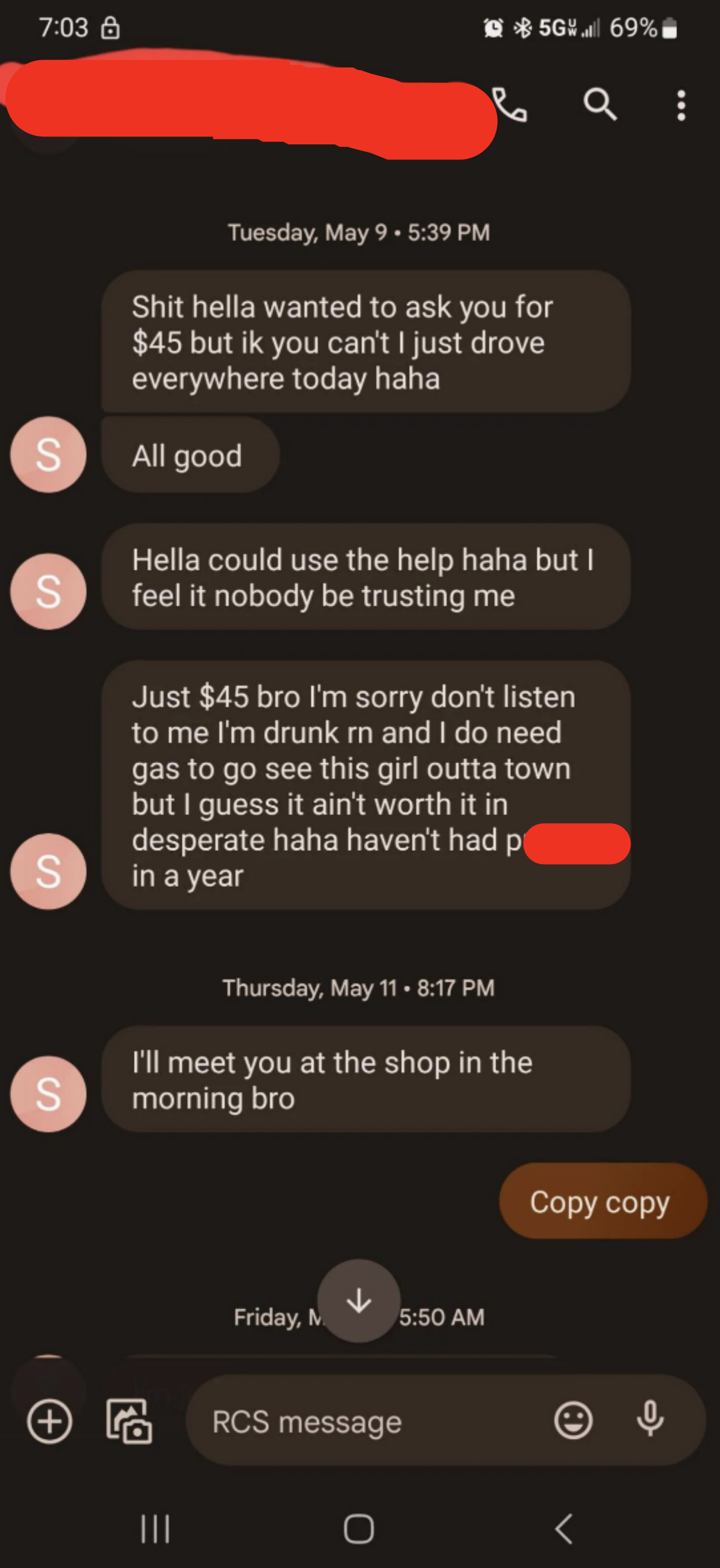 The coworker asks for $45 twice, saying they need gas to visit a girl because they haven&#x27;t had sex in a while