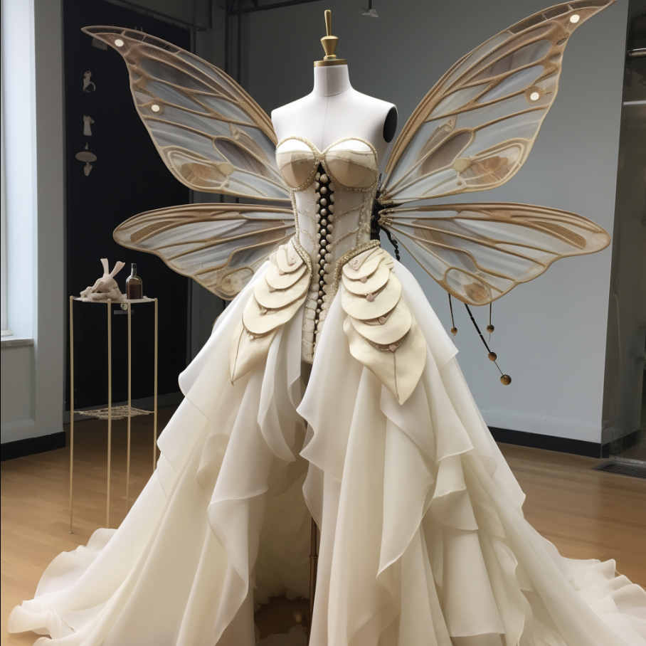 dress has wings attached to the back and with a corset strapless top