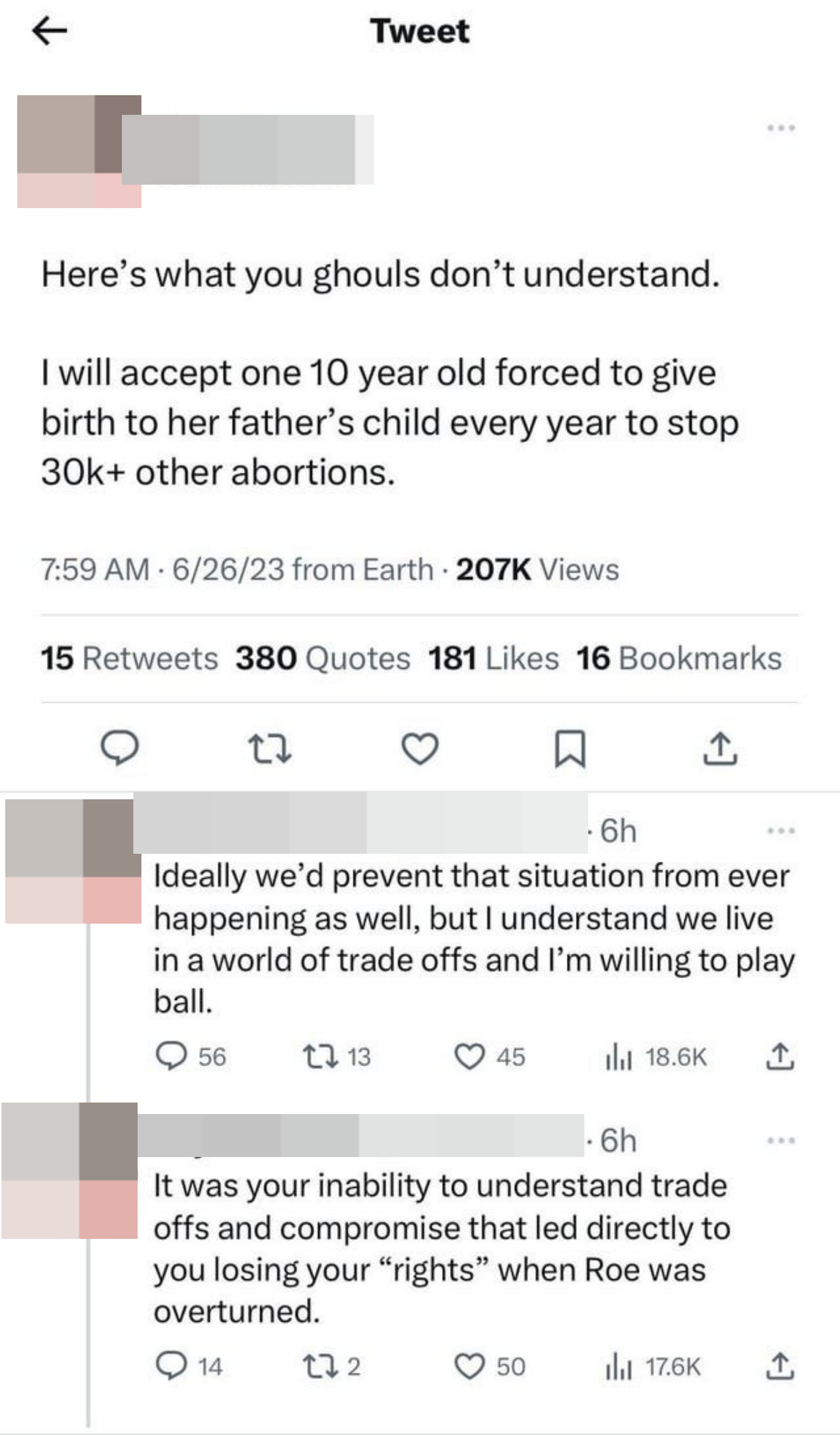 "It was your inability to understand trade offs and compromise that led directly to you losing your 'rights' when Roe was overturned."