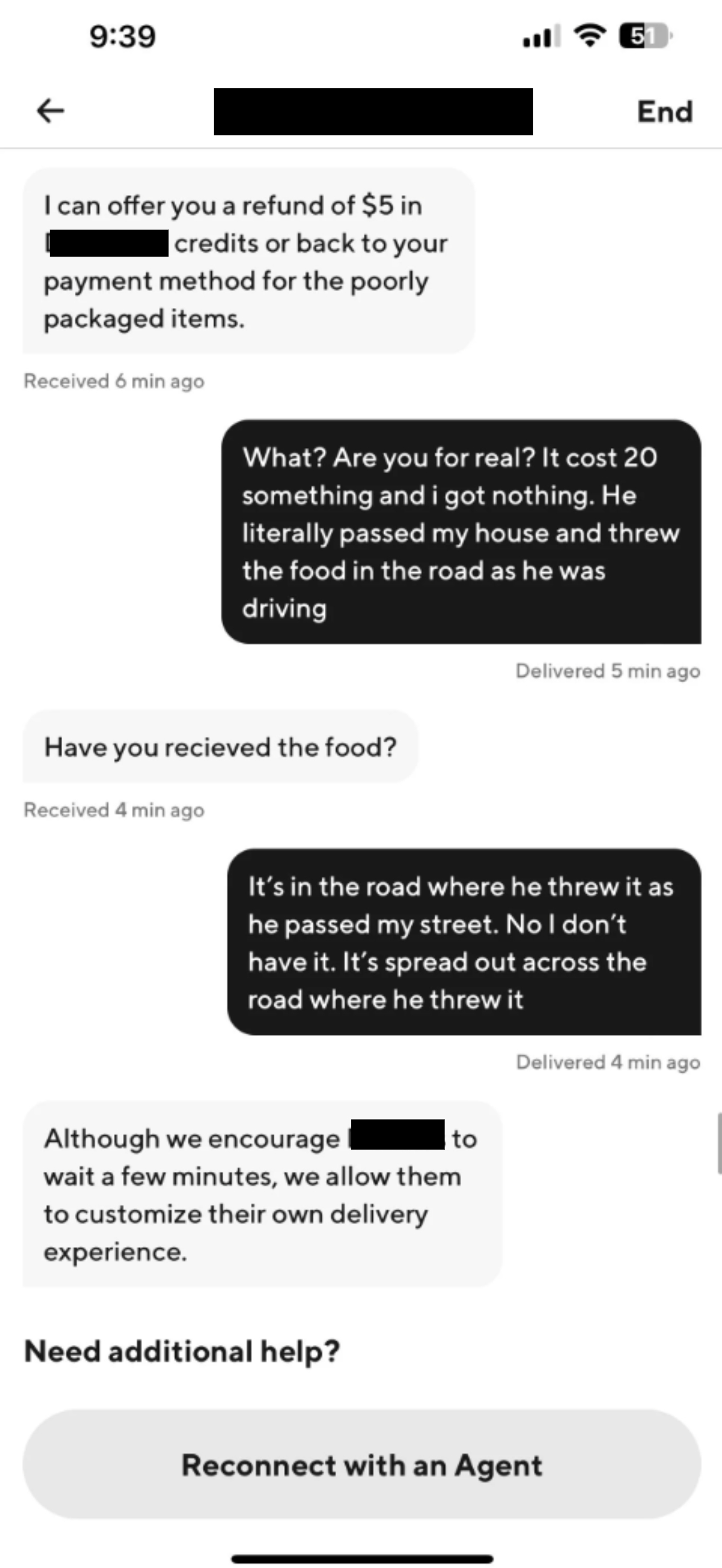 customer service telling the person that even though the driver threw the food out their window, they encourage driver&#x27;s to customize their own delivery experience