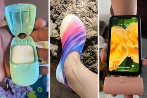 L: a reviewer holding a pack of soap sheets, M: a reviewer wearing a water sock-like shoe, R: a reviewer holding a phone with a portable charger plugged in